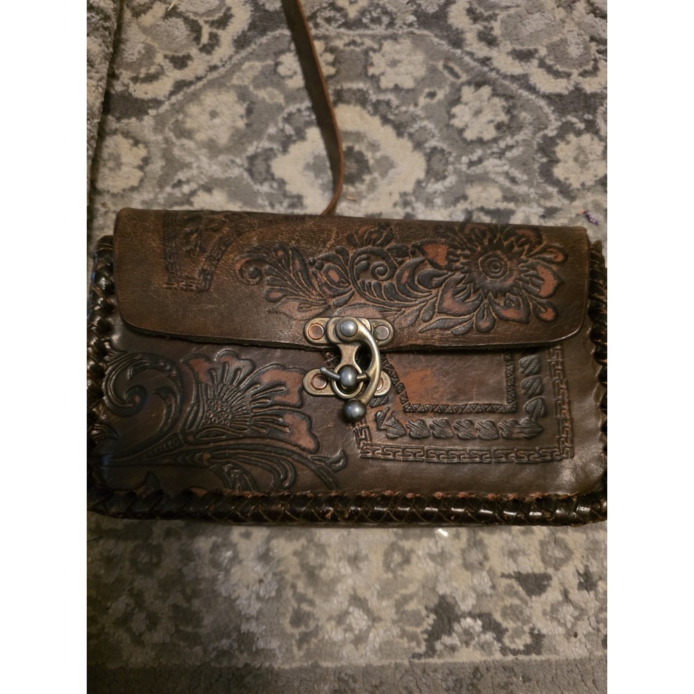 Handcrafted Tooled Leather Purse With Brass Turn -lock Clasp. Conditioned
